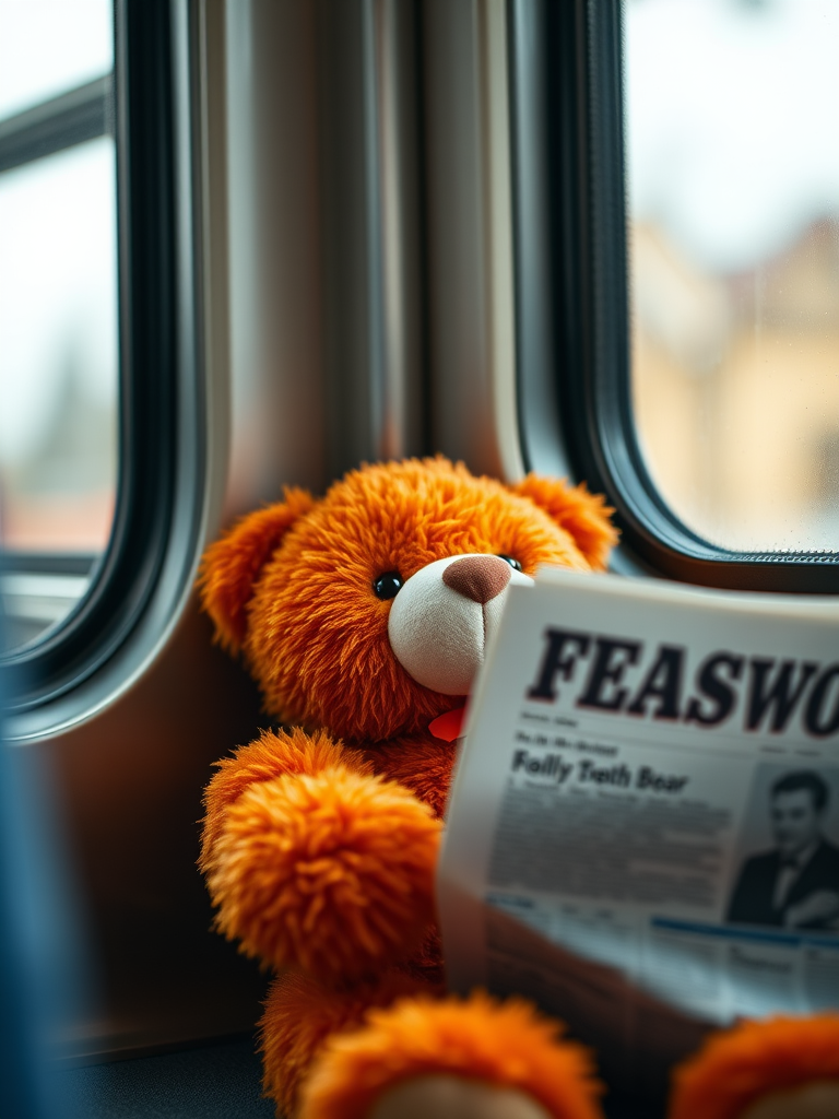 A close-up of a plush orange teddy bear sitting next to a window on a train, holding a newspaper, soft natural light, aperture f/2.8, ISO 200, 50mm lens, shallow depth of field, captured with a DSLR camera.