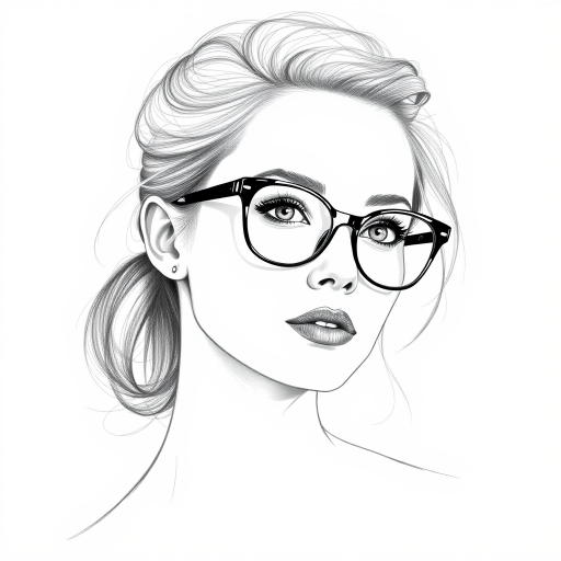 Beautiful Rosamund Pike, pencil sketch, portrait of beautiful woman 60s in glasses, hair style beatnik, outline, clear lines, fine lines, 8k