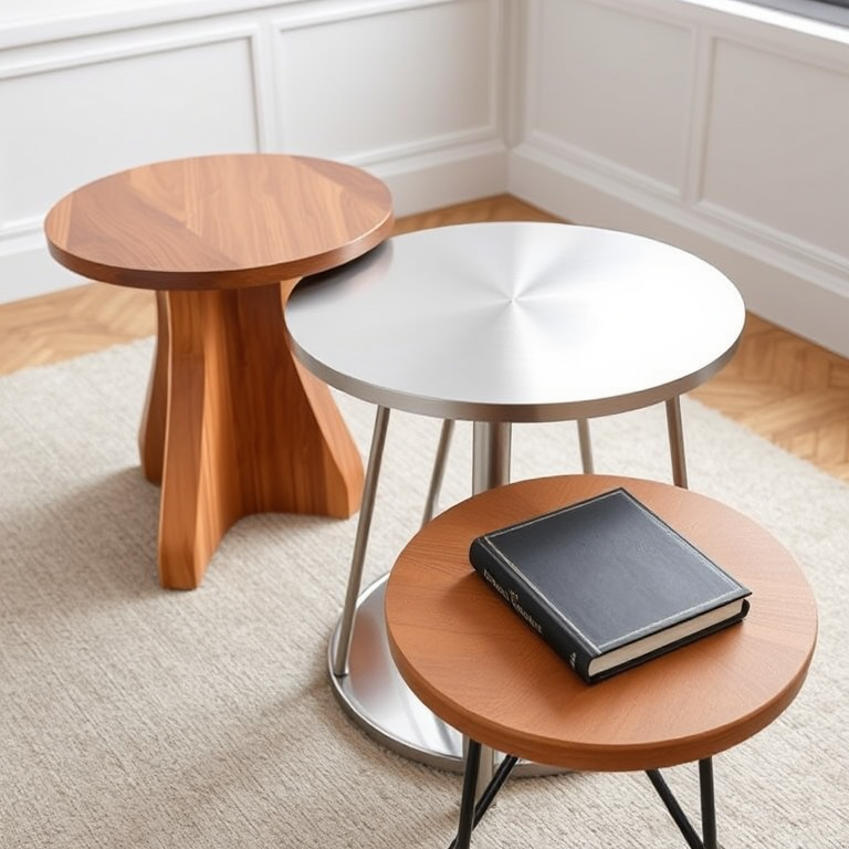 Generate an image of three modern table designs: one with a wooden top, one with a metallic shiny surface, and one with a black hardcover book on it, using a DSLR camera with a 50mm lens, aperture set to f/2.8, shutter speed of 1/125s, ISO 100, frontal view, in a well-lit indoor environment.