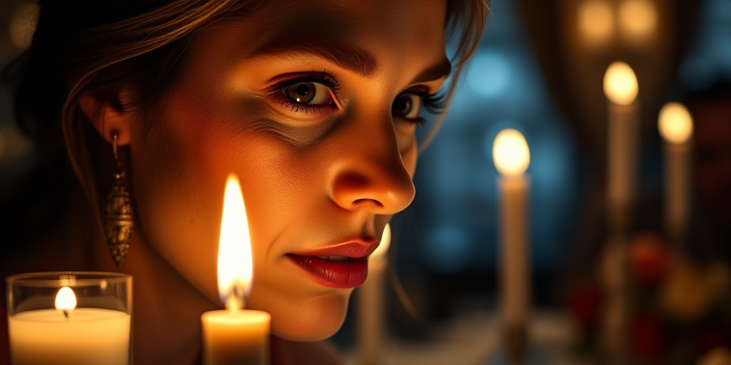 Close-up of a woman’s face illuminated by candlelight during a cozy dinner, with a beautifully set table in the background, soft shadows playing across her features.
