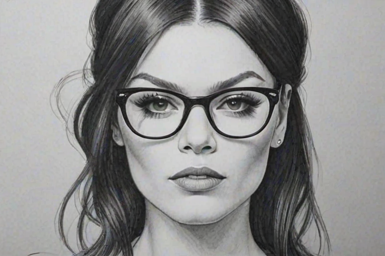 Captivating Jessie J, pencil sketch, portrait of Superb woman 1980s in glasses, hair style beatnik, outline, clear lines, fine lines, 8k