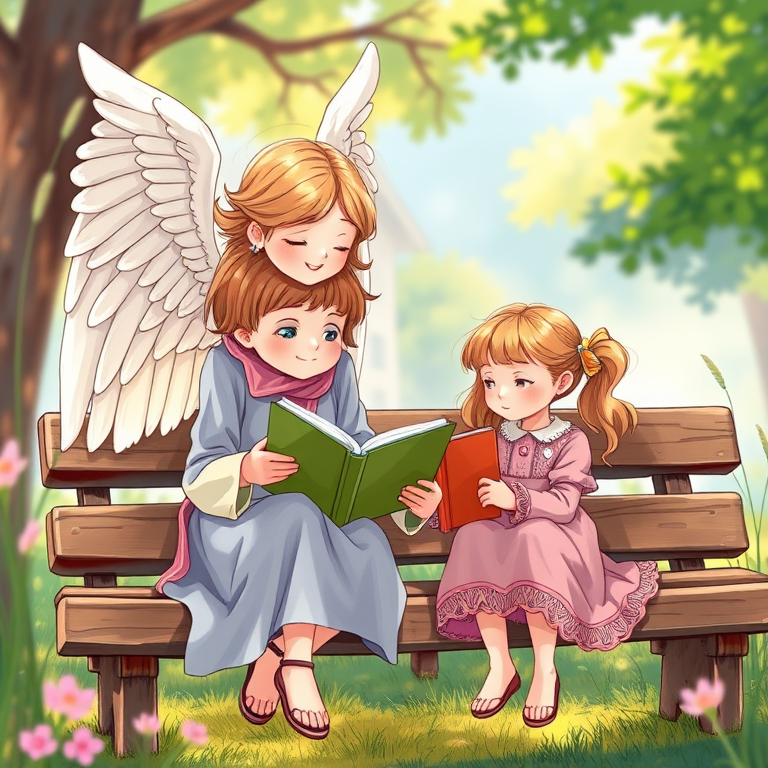 Create a vibrant and detailed illustration of a serene scene with an angel reading to two children, one boy and one girl, seated on a wooden bench; use soft natural lighting, a 50mm f/1.8 lens, aperture priority mode, and a shallow depth of field to blur the background and enhance the focus on the characters.