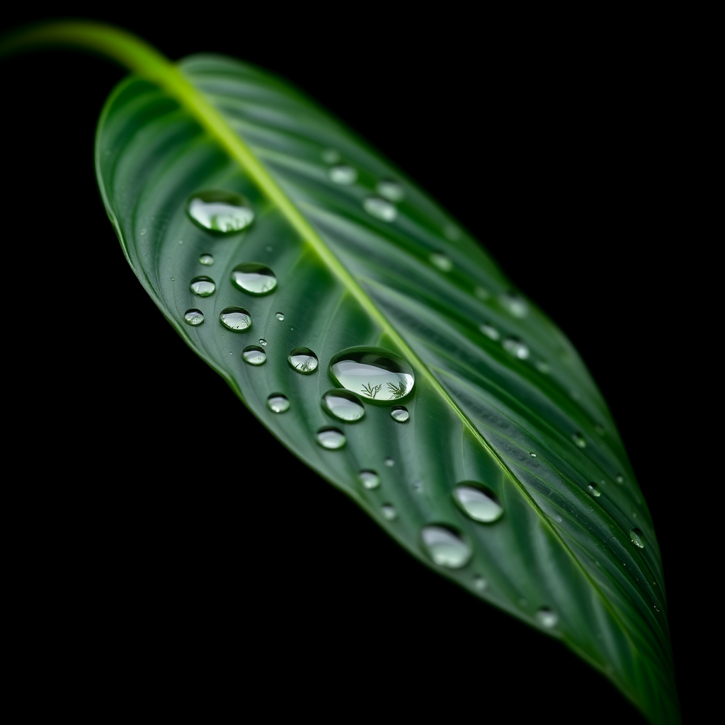 Close-up of a Monstera leaf with raindrops against a black background, f/2.8 aperture, 1/200 sec shutter speed, ISO 100, macro lens, soft natural lighting, DSLR camera.