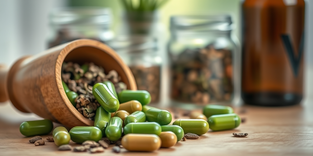Close-up shot of green herbal capsules, a wooden scoop with dried herbs, glass jars with loose herbs, and a brown glass bottle in a soft-focus background, natural light, aperture f/2.8, shutter speed 1/125s, ISO 200, taken with a DSLR camera.