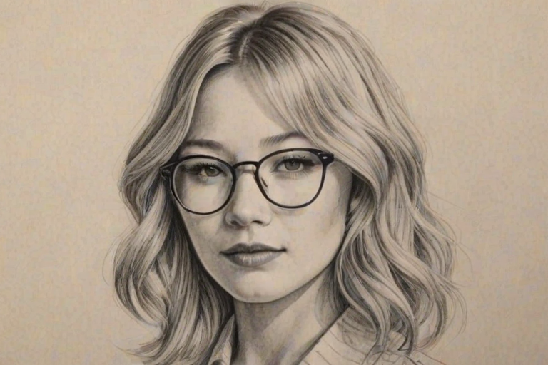 Enticing Haley Bennett, pencil sketch, portrait of Gorgeous woman 1967s in glasses, hair style beatnik, outline, clear lines, fine lines, 8k