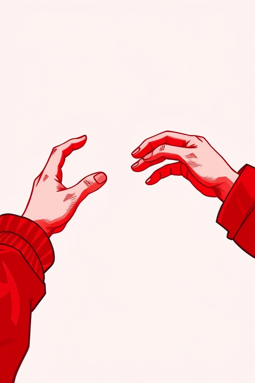Create a vivid illustration of two hands reaching towards each other, using a bold red color scheme with minimalistic line art, captured with a DSLR camera at f/2.8 aperture, 50mm lens, and soft natural lighting to enhance texture and depth.
