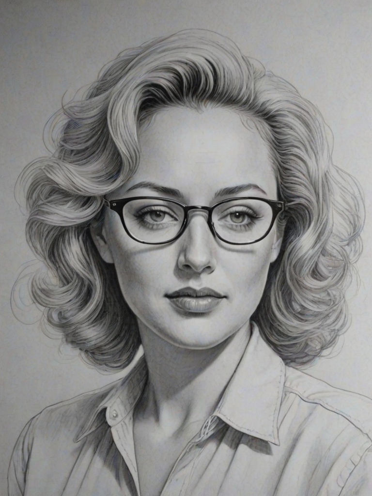 Fascinating Virginia Madsen, pencil sketch, portrait of Attractive woman 1945s in glasses, hair style beatnik, outline, clear lines, fine lines, 8k