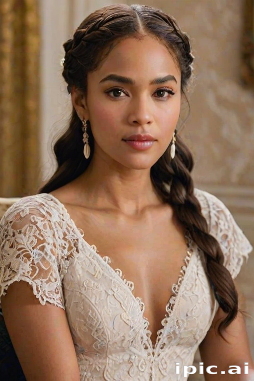 Create a portrait of a refined and elegant woman seated in a sophisticated setting. She has long, wavy hair styled in two thick braids that are pulled over her shoulders. She wears a white, lace gown with intricate patterns, featuring a deep V-neckline and short sleeves. The dress exudes a vintage charm with its delicate lacework. She is adorned with ornate, dangling earrings that add a touch of glamour to her appearance. The background is softly lit, with warm, ambient lighting that creates a cozy and inviting atmosphere. Her expression is poised and serene, capturing a sense of grace and elegance.