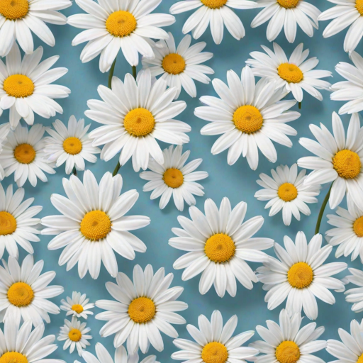 Create a seamless pattern featuring a light blue background filled with white daisies. Each daisy should have a bright yellow center and a simple, clean design. The flowers should be evenly spaced, creating a harmonious and cheerful floral pattern.