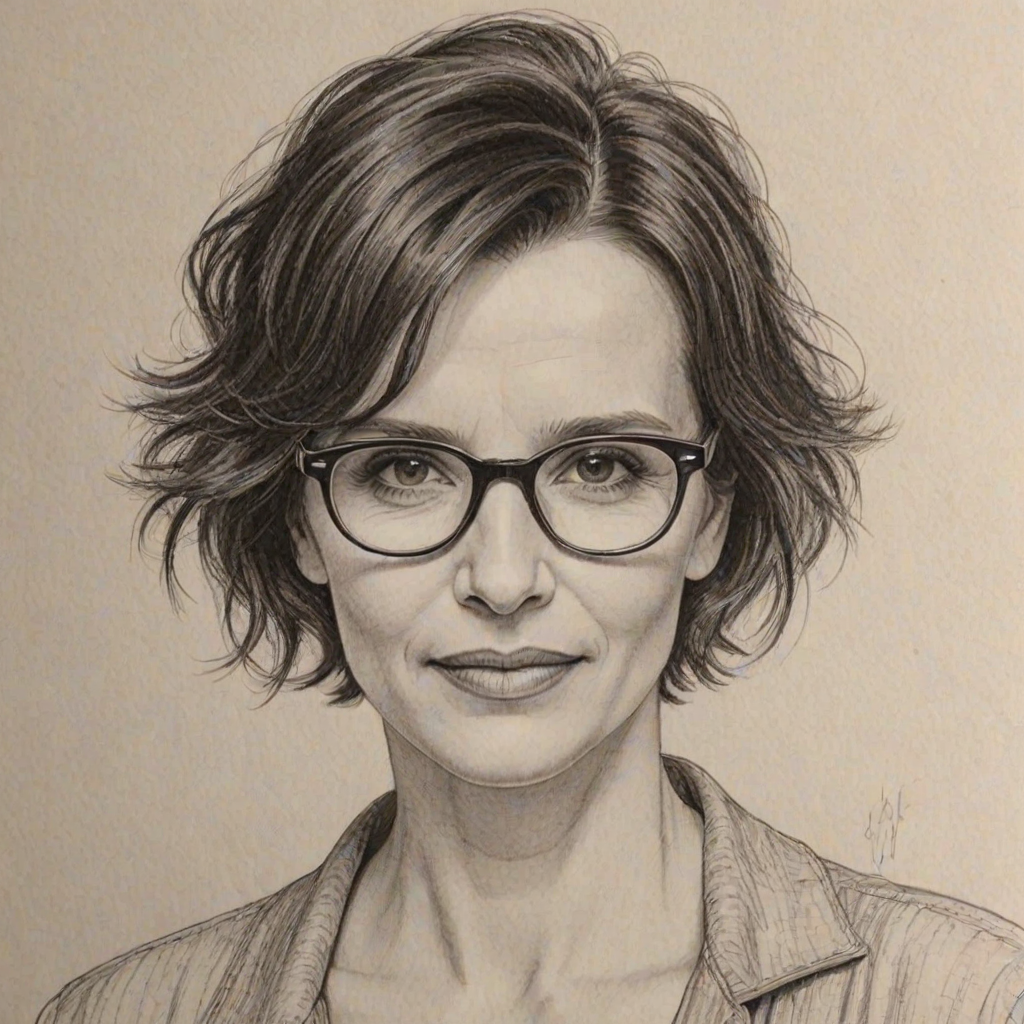 Lovely Juliette Binoche, pencil sketch, portrait of Captivating woman 1926s in glasses, hair style beatnik, outline, clear lines, fine lines, 8k