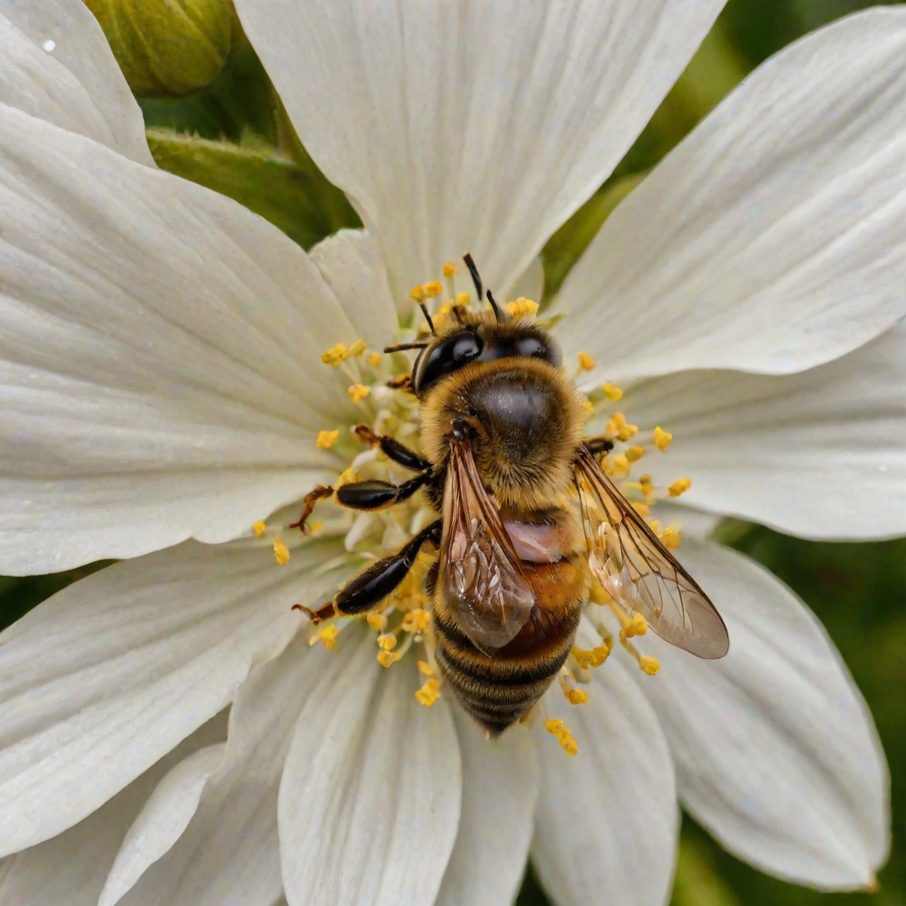 A close-up of a bee on a white flower, focusing on the details of the flower's petals and the bee's markings.