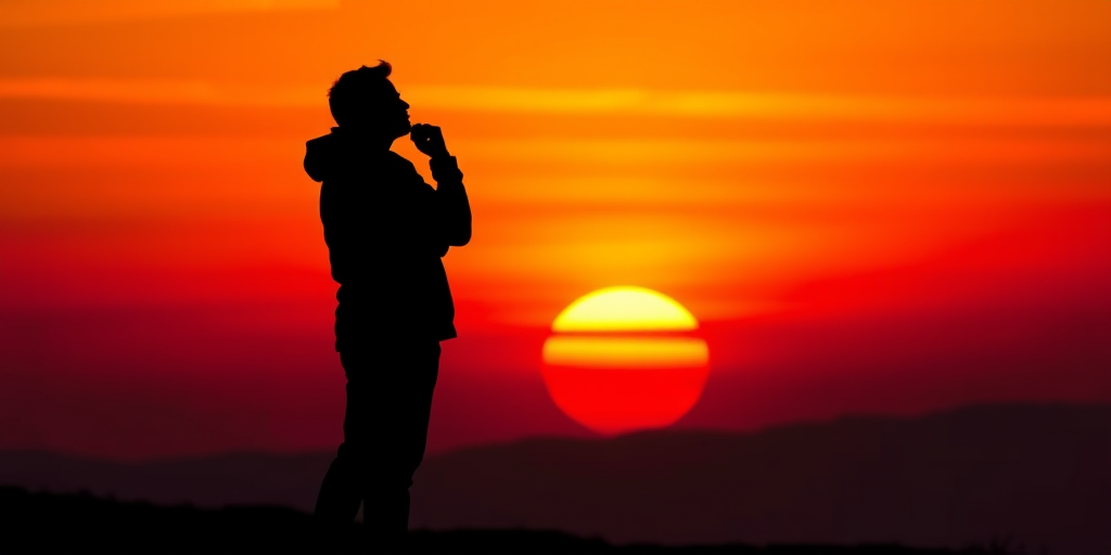 Generate a high-quality illustration of a black silhouette of a person standing in a thoughtful pose against a vibrant sunset background with colors blending from orange to purple, captured with a DSLR camera at f/2.8 aperture, 1/125 sec shutter speed, ISO 200, using a wide-angle lens, focusing on the silhouette and softening the background.