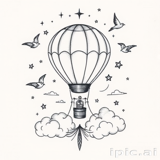 Illustrative fine line tattoo called "Whimsical Wanderlust" showcasing a detailed hot air balloon floating among clouds, birds, and celestial elements with thin, precise lines