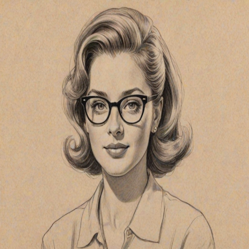 Lovely Jaleel White, pencil sketch, portrait of Delightful woman 1953s in glasses, hair style beatnik, outline, clear lines, fine lines, 8k