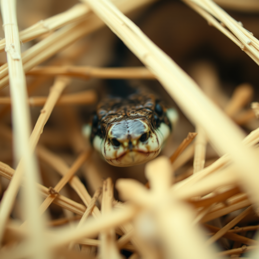 A close-up of a snake peering through straw with a shallow depth of field, shot with a DSLR camera at f/2.8, ISO 100, shutter speed 1/200 sec, in natural lighting, macro lens, low angle view.