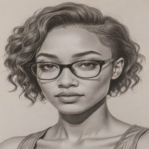 Dazzling Tati Gabrielle, pencil sketch, portrait of Fascinating woman 1978s in glasses, hair style beatnik, outline, clear lines, fine lines, 8k