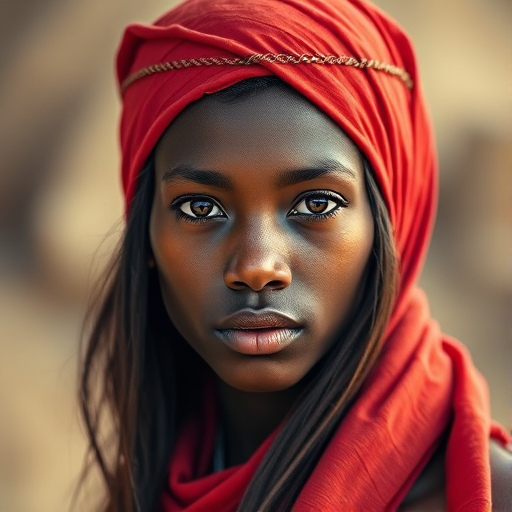 Create a portrait of a young Melanesian male with long, dark hair and captivating hazel eyes. She is wearing a red headscarf and a matching scarf draped gracefully around her neck. The background is softly blurred, focusing attention on her serene and natural expression. The overall color palette is muted and warm, enhancing the intimate and authentic feel of the portrait.