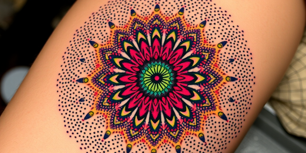 Vibrant dotwork mandala tattoo named "Kaleidoscope Bloom" featuring a mesmerizing circular pattern composed entirely of tiny, colorful dots that radiate outward from a central point, creating a three-dimensional effect that seems to pulsate and shift as the eye moves across the intricate design, resulting in a hypnotic and visually stunning piece of body art