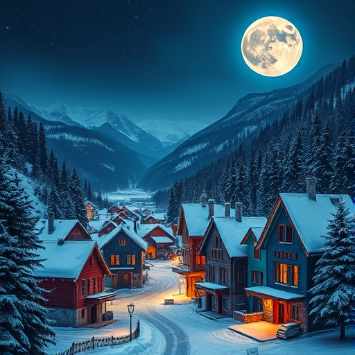 A charming snowy village at night with a large moon in the background, mountains in the distance, detailed houses with colorful facades, evergreen trees surrounding the scene, shot with a DSLR camera at f/8 aperture, 24mm lens, ISO 200, in twilight conditions for vibrant colors.