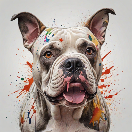 Create a hyper-detailed splash art of an American Bully dog's head on a clean white background. The design should include vibrant color splashes and drips in complementary colors, focusing on the tongue and eyes, expressive features and intricate contours. The dog's expression should be intense, almost roaring, and the overall composition should be different positions, feel fantastic and dynamic, as if a part of a digital fantasy artwork would be rendered in an 8k resolution, inspired by a mix of oil painting techniques and a stylized, epic Instagram aesthetic.