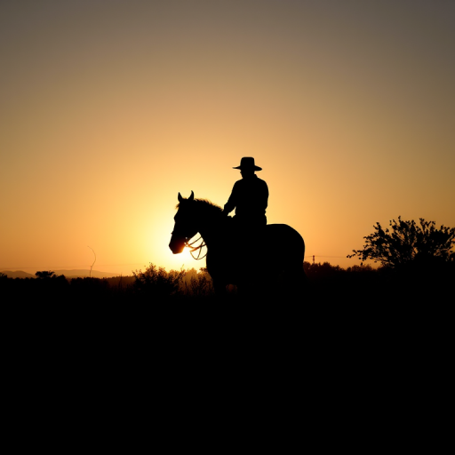 regenerate a silhouette of a person riding a horse with a dog walking beside them, use a DSLR camera with a 50mm lens, aperture set to f/2.8, shutter speed 1/200s, ISO 100, shot from a low angle to capture depth and enhance contrast.