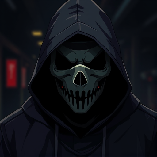 Create a high-resolution illustration of a hooded figure with a stylized mask in a dark setting, using a Canon EOS R5 with a 50mm f/1.2 lens, set to ISO 100, aperture f/1.2, shutter speed 1/125s, with a shallow depth of field to enhance focus on the mask and soft bokeh effect in the background.