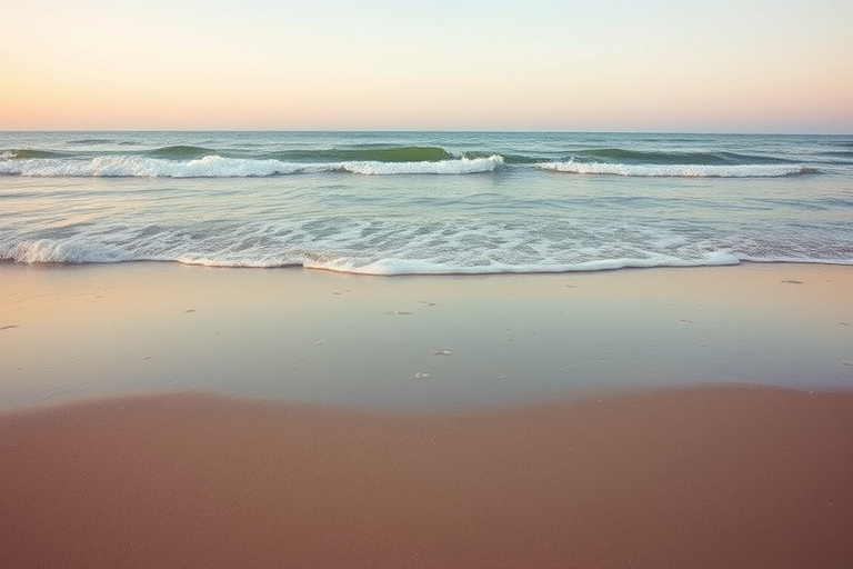 Create a serene beach scene with soft pastel colors, capturing gentle waves and a clear sky using a DSLR camera, 50mm lens, f/2.8 aperture, ISO 100, and a slight overexposure for a brighter, dreamlike effect.