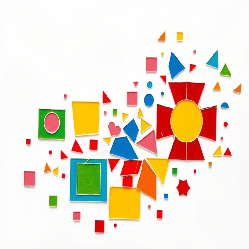 create a vibrant abstract mosaic design featuring various geometric shapes in red, blue, green, yellow, and pink with a white background, using a high-resolution DSLR camera, 50mm lens, f/4 aperture, ISO 100, and soft natural lighting, captured from a top-down perspective.