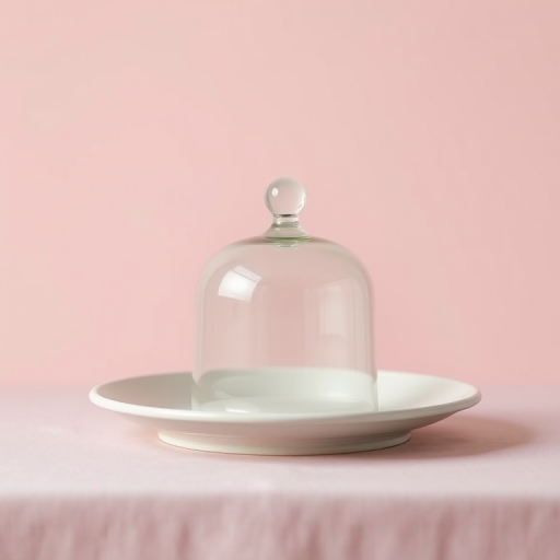 Create a minimalist image of a cloche on a plate against a soft pastel background, using a Canon EOS R5 with an f/4 aperture, 1/125 shutter speed, ISO 100, and a 50mm lens, ensuring a clean and sharp focus with a slight bokeh effect in the background.