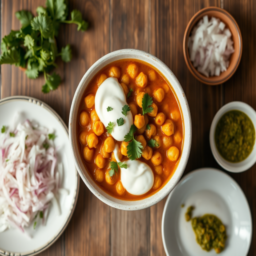 Regenerate a high-quality image of a bowl of chickpea curry garnished with cilantro, topped with dollops of yogurt, served alongside a plate of garnishes including finely chopped onions and green chutney, captured with a Canon EOS R5, 50mm f/1.2 lens, f/2.8 aperture, natural lighting, shallow depth of field, and overhead top-down view.