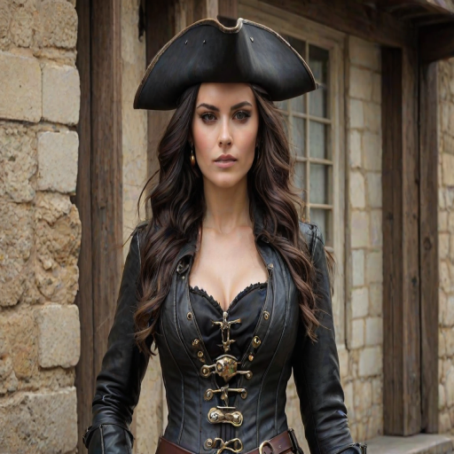 Create a portrait of a fierce female pirate. She wears a leather tricorn hat adorned with a skull and crossbones emblem, and her long, dark hair flows around her face. Her outfit consists of a richly detailed leather jacket, a corset, and multiple layers of belts and accessories, giving her a formidable and stylish appearance. She stands confidently in a dimly lit, historic port town, with a backdrop of weathered buildings and cobblestone streets, capturing the adventurous spirit of a pirate.