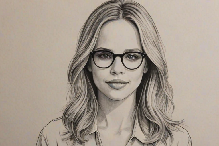 Radiant Halston Sage, pencil sketch, portrait of Captivating woman 1978s in glasses, hair style beatnik, outline, clear lines, fine lines, 8k