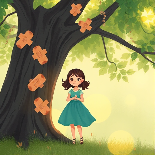 Create a whimsical illustration of a young girl in a teal dress standing by a large tree adorned with oversized band-aids, featuring a dreamy background of soft greens and yellows, with gentle sunlight filtering through leaves; shot with a digital tablet, 300 DPI, with a soft focus effect to enhance the magical atmosphere.