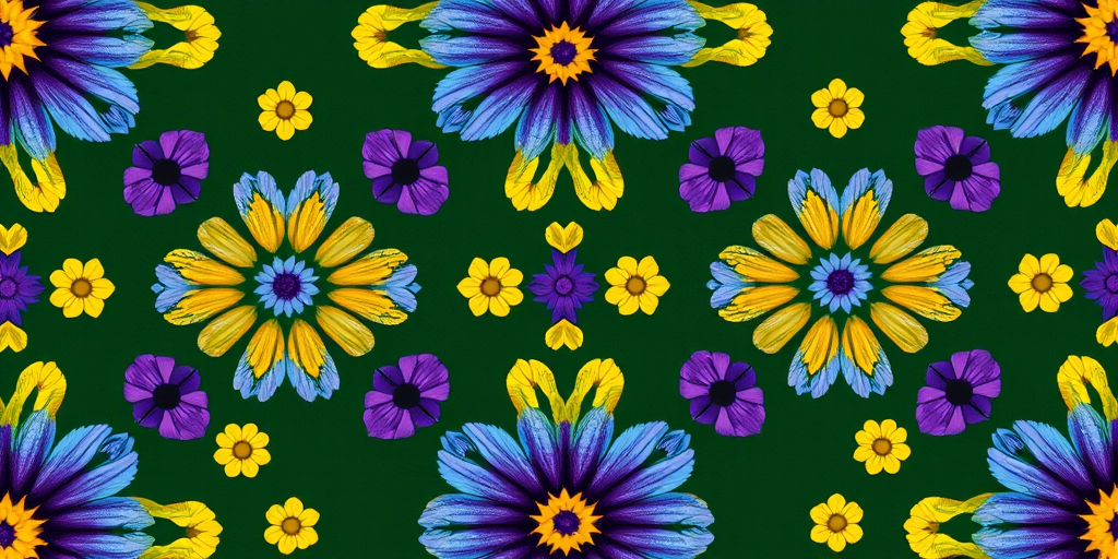 Create a vibrant repeating pattern of floral motifs in blue, yellow, and purple on a dark green background using a macro lens with f/8 aperture, 50mm focal length, and a high-resolution digital camera for enhanced clarity and detail.