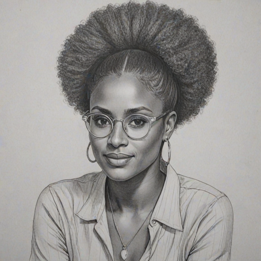 Beauteous Issa Rae, pencil sketch, portrait of Pleasing woman 1971s in glasses, hair style beatnik, outline, clear lines, fine lines, 8k