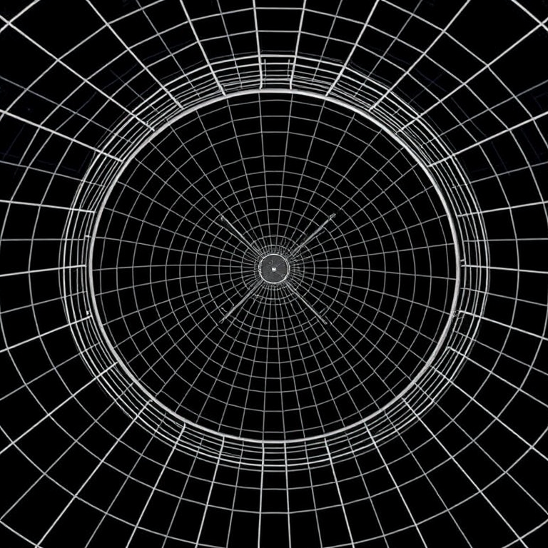 Generate a high-resolution wireframe image of a cone-shaped structure from a top-down perspective, using a DSLR camera with a focal length of 35mm, aperture set to f/8, ISO 200, and a focus on sharpness and clarity with a slight vignette effect.