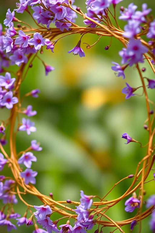 a circular floral frame featuring delicate purple flowers intertwined with slender golden vines, captured with a Canon EOS R5, 50mm lens, f/1.8 aperture, natural light, high dynamic range, vibrant colors