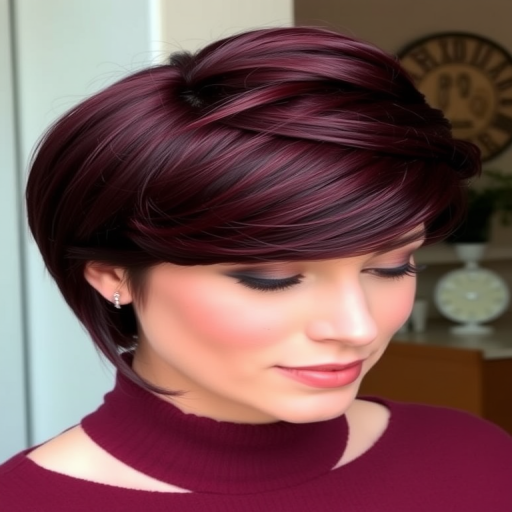 Deep burgundy hair fashioned into a classic French twist called "Bordeaux Elegance," showcases a smooth, polished finish with subtle volume at the crown, exuding timeless sophistication and refinement