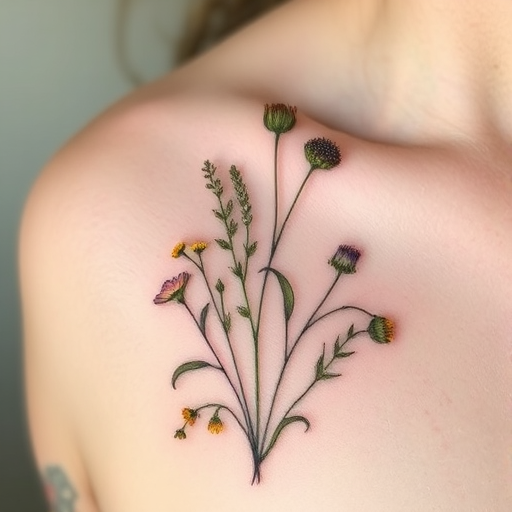 Delicate botanical tattoo called "Whispers of Spring" featuring a collection of delicately rendered wildflowers and herbs in soft, muted colors that appear to be gently pressed onto the skin like a fragile paper cutting, with fine linework and subtle shading creating a sense of depth and texture that mimics the delicate nature of pressed flowers