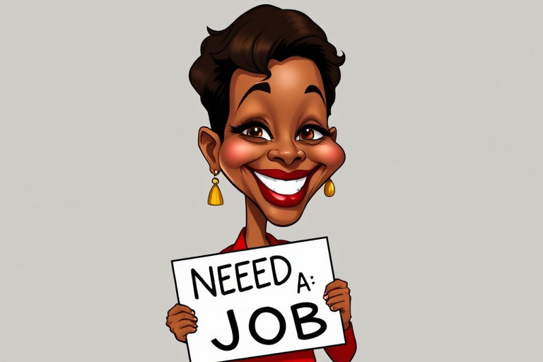 caricature of a smiling Halle Berry in a Scarlet dress or suit, holding up a sign that says "NEED A JOB", no watermark,
