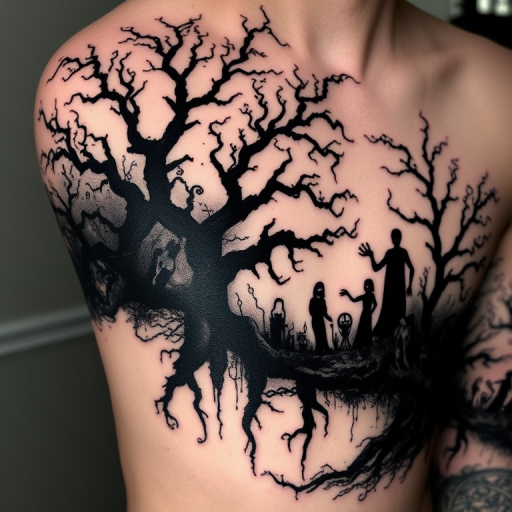 Haunting blackwork tattoo titled "Shadow Realm" showcasing a surreal landscape of twisted trees and eerie silhouettes. Intense black ink creates stark contrasts and deep shadows, while negative space is used strategically to define shapes and add depth. Intricate linework and stippling techniques create texture and atmosphere in this dark, captivating piece.