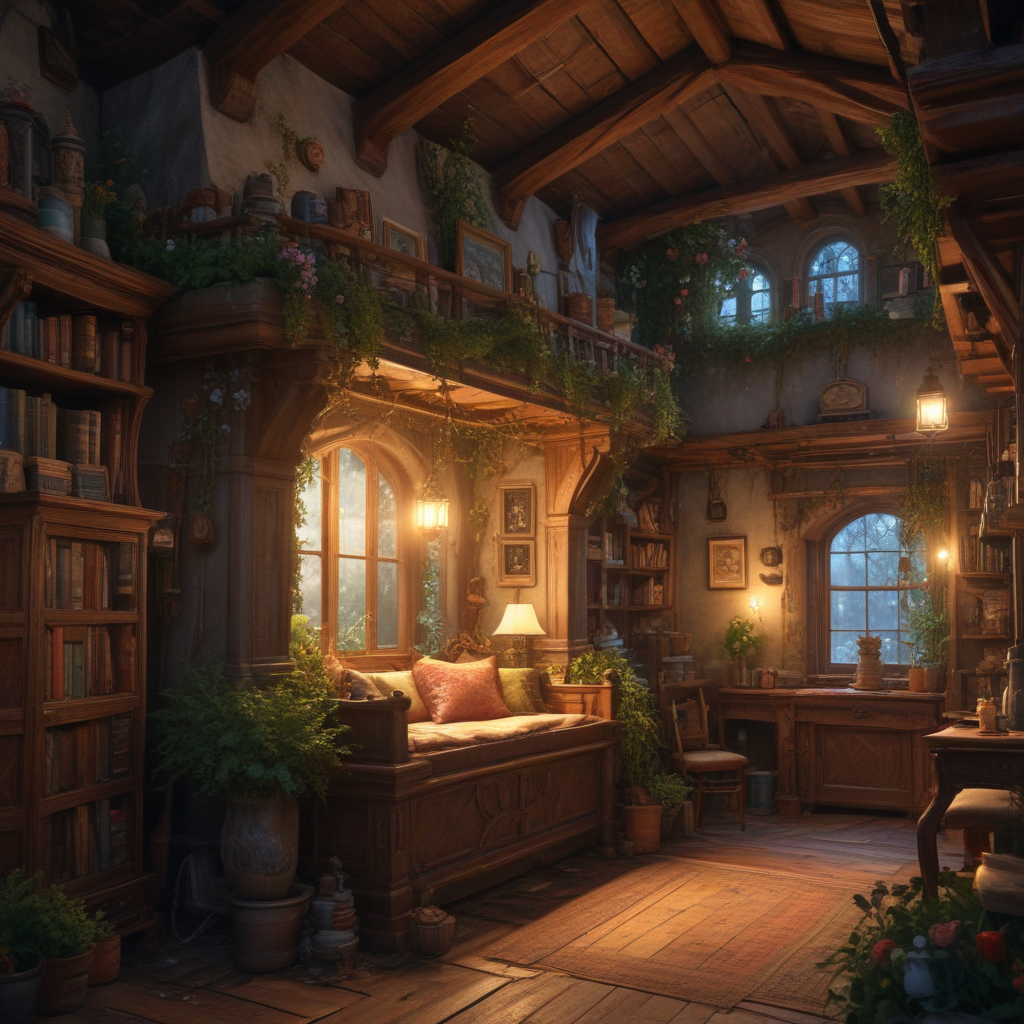 A Cozy, Lush Library Nook Filled with Books and Greenery