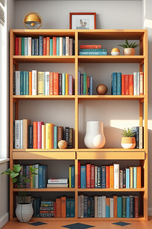 Create a high-resolution digital illustration of a modern bookshelf filled with colorful books and decorative items, use a DSLR camera with a 50mm lens, aperture f/2.8, ISO 100, soft natural lighting, and a shallow depth of field to emphasize the bookshelf details.