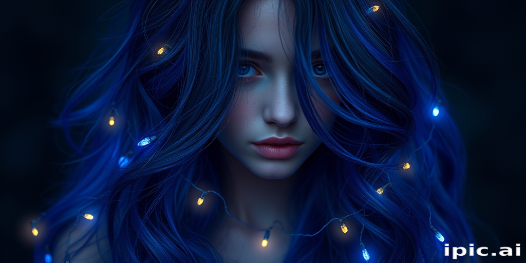 Mystical indigo locks adorned with twinkling fairy lights, Enchanted's hair cascades down in loose waves, creating a magical and otherworldly appearance that seems to glow from within