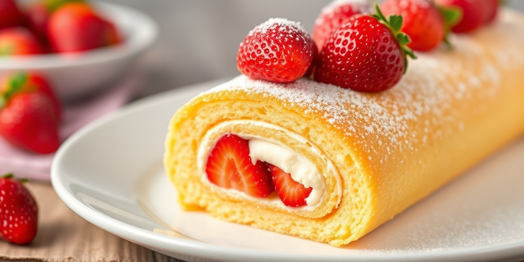 Strawberry cream roll cake with a soft yellow sponge filled with fresh strawberries and cream dusted with powdered sugar displayed on a white plate.