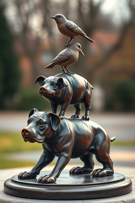 Create a hyper-realistic image of a bronze sculpture featuring a dog at the bottom, a pig in the middle, and a bird on top, captured with a Canon EOS R5, 50mm lens, f/1.8 aperture, ISO 100, in a soft natural light setting, with a shallow depth of field to enhance details and textures.