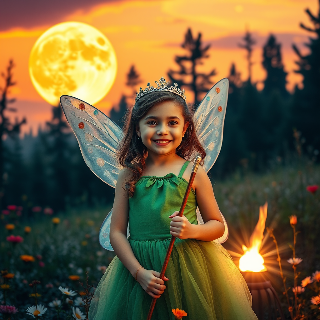 A vivid photo  taken under a bright camera flash of a fantastical scene set against a backdrop of a forest during sunset. The main subject is a girl dressed as a fairy, adorned with translucent wings and a green dress, holding a wand, her face is happy, and she wears a crown on her head. The forest behind her is a blend of flowers, shrubs and trees. The sky is painted in hues of orange and pink, with a large, glowing moon casting a warm glow over the scene. The overall color palette is dominated by earthy tones.