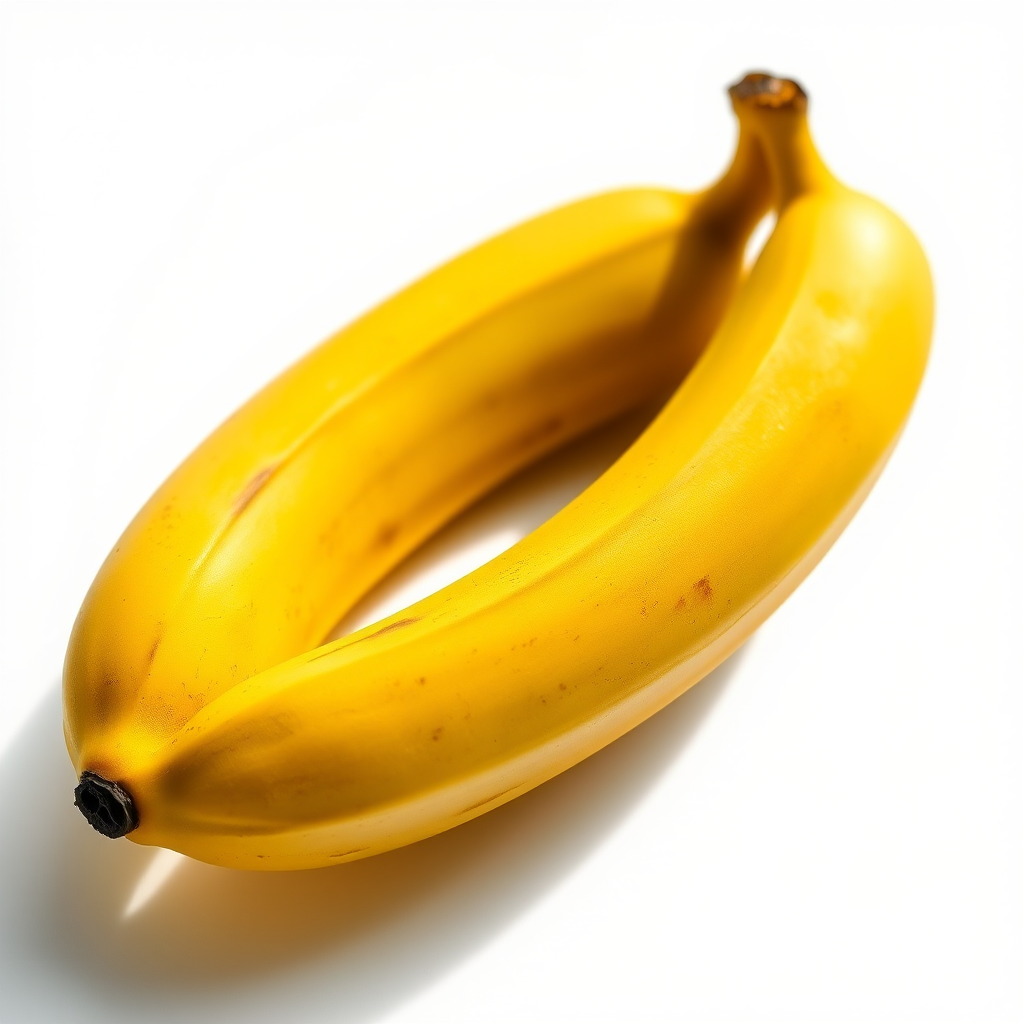 a perfectly ripened banana with a smooth yellow peel, captured with a Canon EOS R5, 50mm f/1.2 lens, aperture at f/2.8, natural daylight lighting, shallow depth of field, against a plain white background for enhanced detail and texture