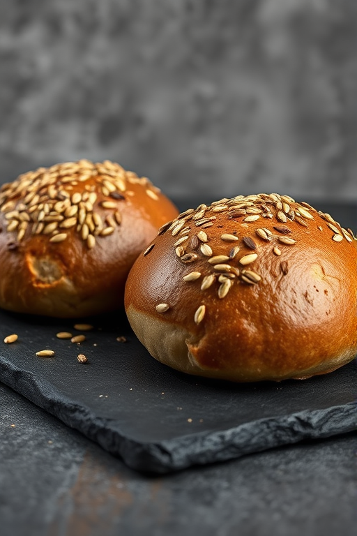 A rustic still life of two freshly baked whole grain bread rolls topped with seeds, placed on a dark slate surface with a softly blurred concrete background, taken with a Canon EOS R5, 50mm f/1.2 lens, aperture set to f/2.8, ISO 100, at a 45-degree angle for dramatic lighting and depth.