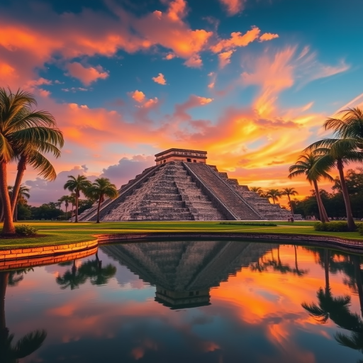 Capture a breathtaking landscape featuring a majestic pyramid at sunset, surrounded by lush palms and a serene waterbody reflecting the vibrant colors of the sky, with a Canon EOS R5 camera, 24mm lens, f/8 aperture, ISO 100, shooting at golden hour for enhanced warmth and clarity.
